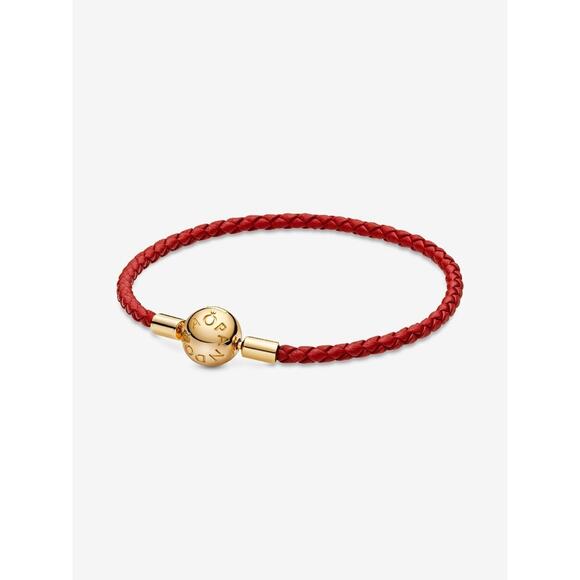 Pandora Moments Red Woven Leather Bracelet Gold Clasp 7.5 inches Long - Picture 2 of 7